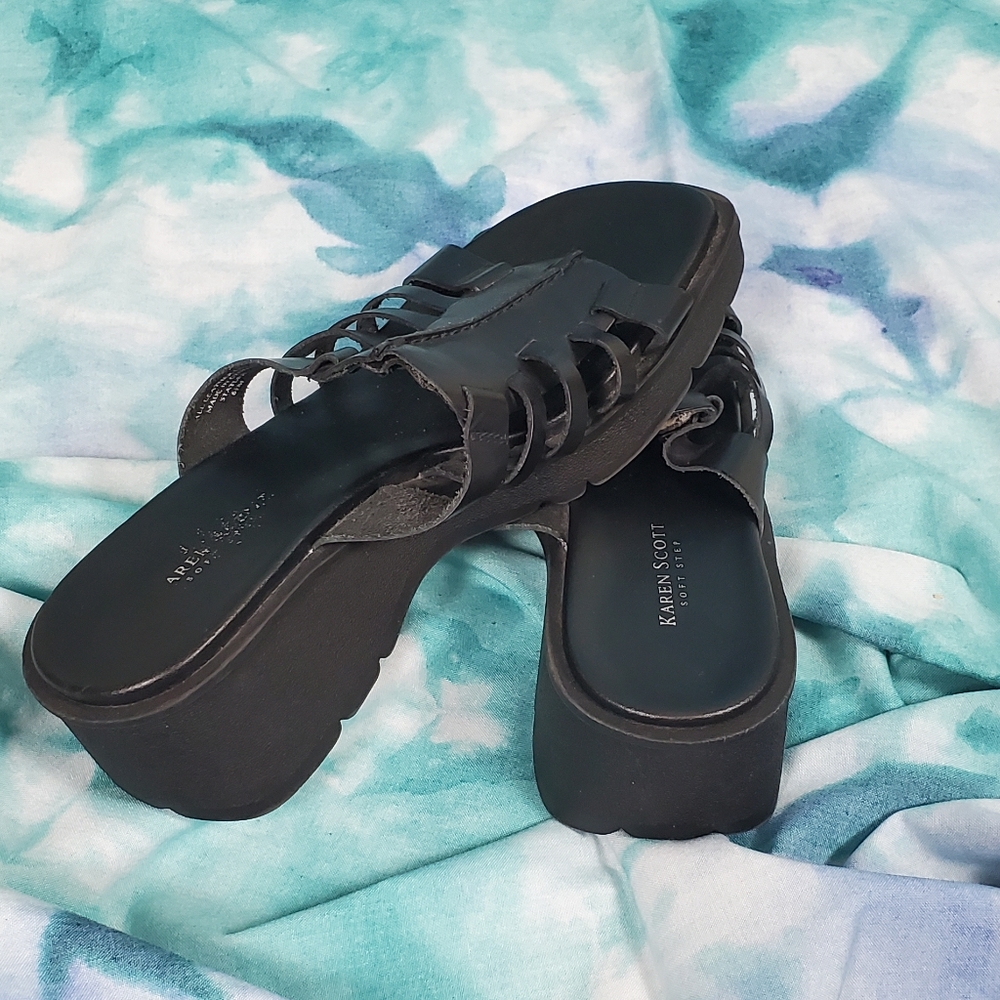 Vintage leather black wedge sandals